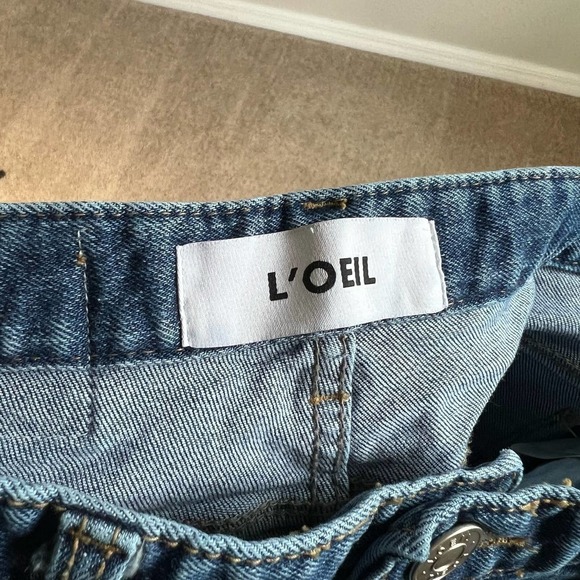 L'OEIL Studio Medium Wash Straight Crop High Rise Fray Hem Jeans Women's Large - Picture 5 of 7